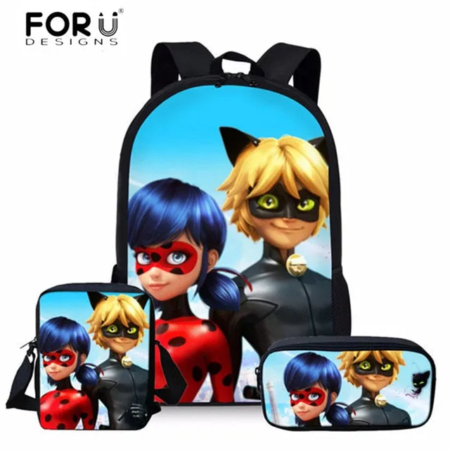 FORUDESIGNS Ladybug Girl Prints 3D School Bags Cartoon Children 3pcs/set School Backpacks Crossbody Bookbags Pencil Bag for Kids