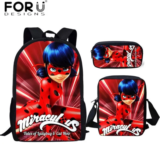 FORUDESIGNS Ladybug Girl Prints 3D School Bags Cartoon Children 3pcs/set School Backpacks Crossbody Bookbags Pencil Bag for Kids