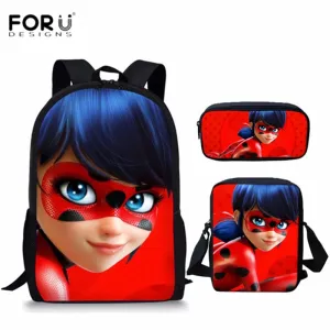 FORUDESIGNS Ladybug Girl Prints 3D School Bags Cartoon Children 3pcs/set School Backpacks Crossbody Bookbags Pencil Bag for Kids