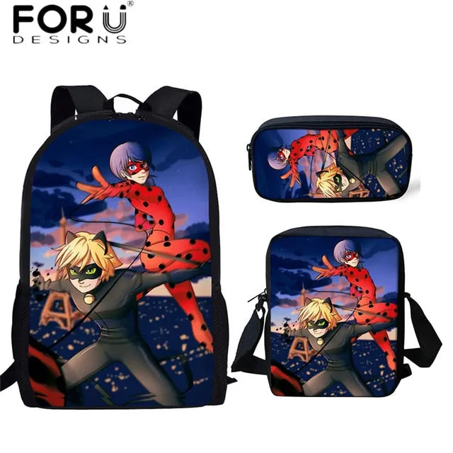 FORUDESIGNS Ladybug Girl Prints 3D School Bags Cartoon Children 3pcs/set School Backpacks Crossbody Bookbags Pencil Bag for Kids