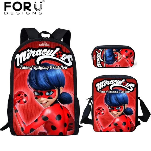FORUDESIGNS Ladybug Girl Prints 3D School Bags Cartoon Children 3pcs/set School Backpacks Crossbody Bookbags Pencil Bag for Kids