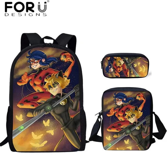FORUDESIGNS Ladybug Girl Prints 3D School Bags Cartoon Children 3pcs/set School Backpacks Crossbody Bookbags Pencil Bag for Kids