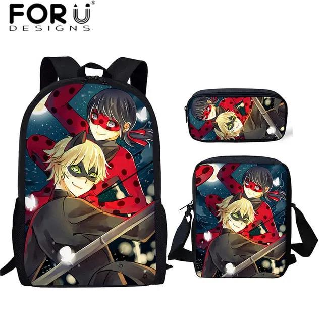 FORUDESIGNS Ladybug Girl Prints 3D School Bags Cartoon Children 3pcs/set School Backpacks Crossbody Bookbags Pencil Bag for Kids
