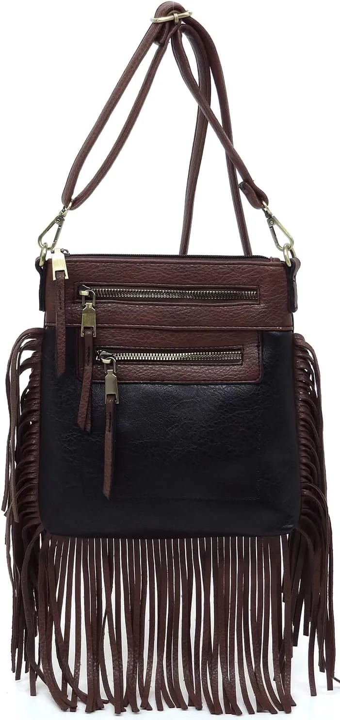 Fringe Tassel Cross Body Bag Vintage Shoulder Handbag Multi Zip Pocket Western Fringe Purse