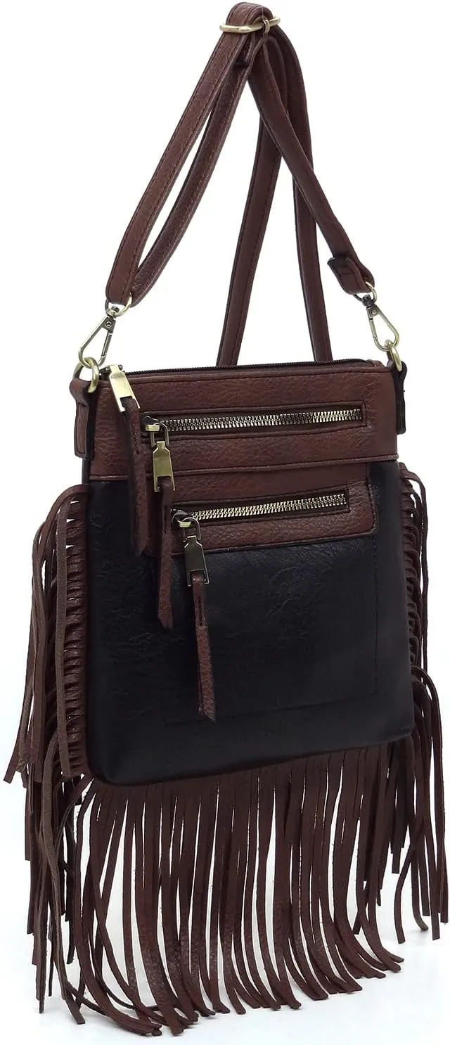 Fringe Tassel Cross Body Bag Vintage Shoulder Handbag Multi Zip Pocket Western Fringe Purse
