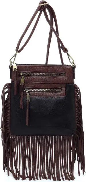 Fringe Tassel Cross Body Bag Vintage Shoulder Handbag Multi Zip Pocket Western Fringe Purse