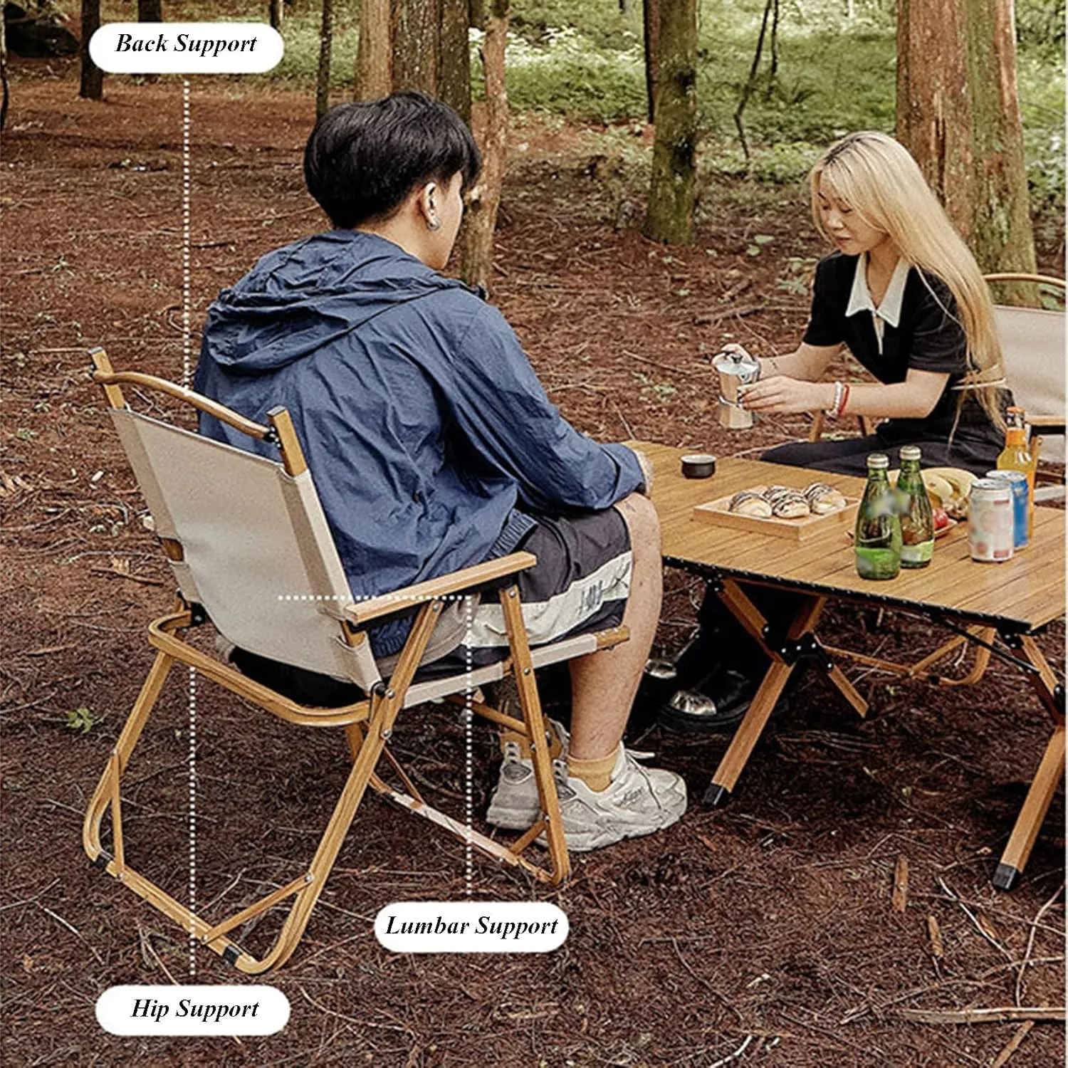 Fully Padded Camping Chair with Lumbar Support, Heavy Duty Fold Chair with Wooden Armrests, Support 300 LBS, Concert Outdoor Foldable Camp Chairs, 54x45x79cm, Beige