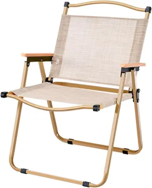 Fully Padded Camping Chair with Lumbar Support, Heavy Duty Fold Chair with Wooden Armrests, Support 300 LBS, Concert Outdoor Foldable Camp Chairs, 54x45x79cm, Beige