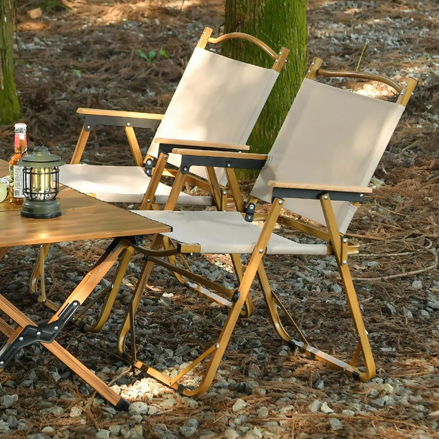 Fully Padded Camping Chair with Lumbar Support, Heavy Duty Fold Chair with Wooden Armrests, Support 300 LBS, Concert Outdoor Foldable Camp Chairs, 54x45x79cm, Beige