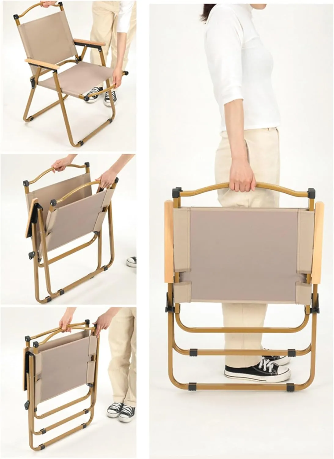 Fully Padded Camping Chair with Lumbar Support, Heavy Duty Fold Chair with Wooden Armrests, Support 300 LBS, Concert Outdoor Foldable Camp Chairs, 54x45x79cm, Beige