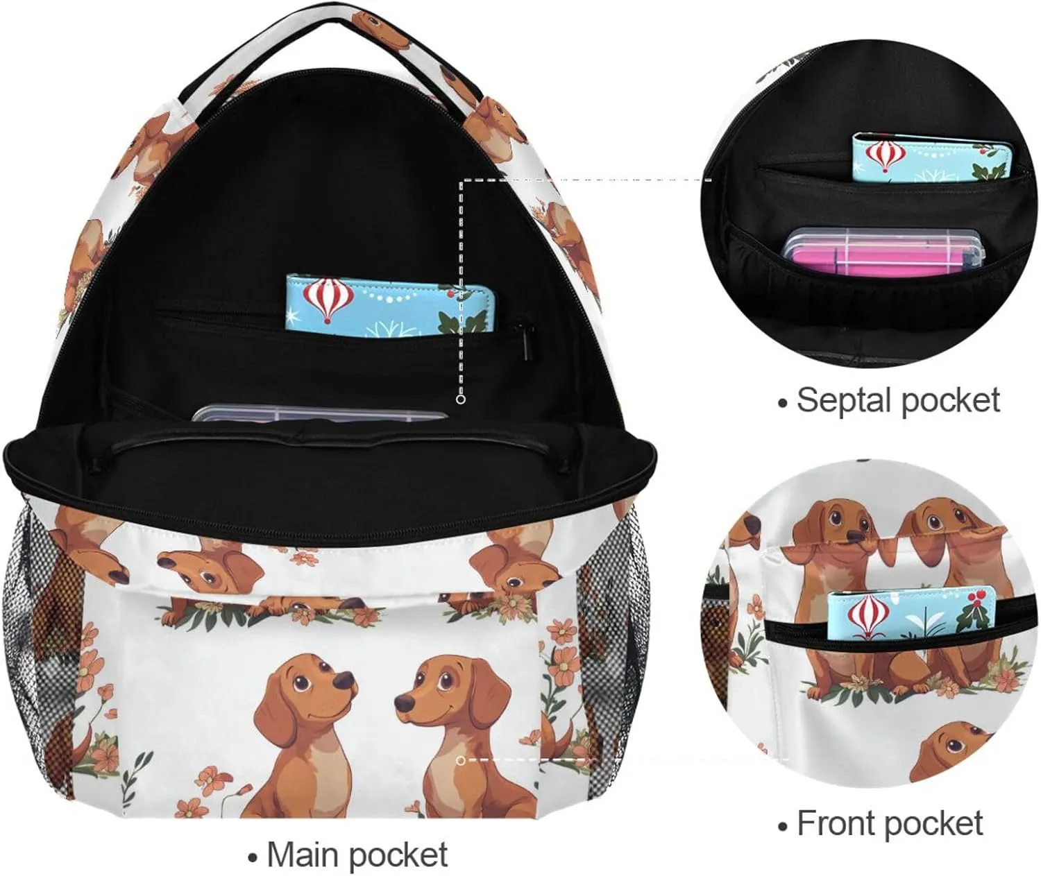 Fun Backpack for Teacher Nurse Waterproof Business Work Bag with Chest Strap Gift Men & Women Cartoon Cute Dachshund Dog White