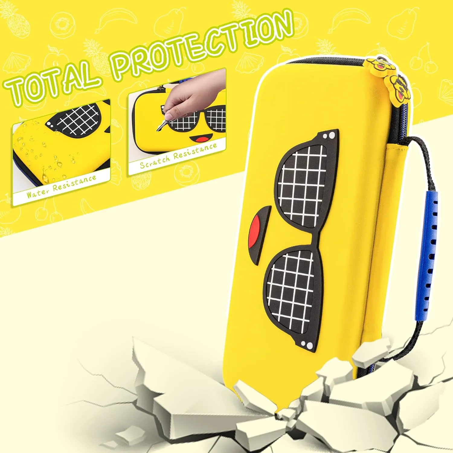 FUNDIARY Yellow Carrying Case Compatible with Nintendo Switch OLED, Cool for Fortnite Accessories Bundle with Slim Portable Travel Bag, Dockable Hard PC Protective Case, Screen Protector & 2 Thumb Cap