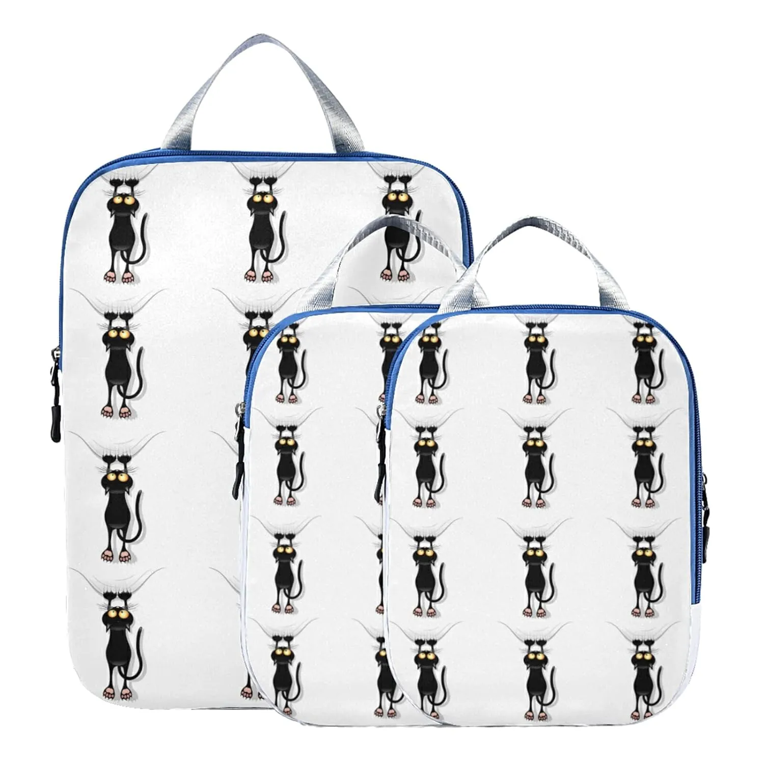 Funny Black Cat Cartoon Scratching Curtains on White 3 Piece set Cubes Expandable Adjustable Luggage Packing Bags, Ultralight Organizer Accessories Travel Suitcase Compressible Bags