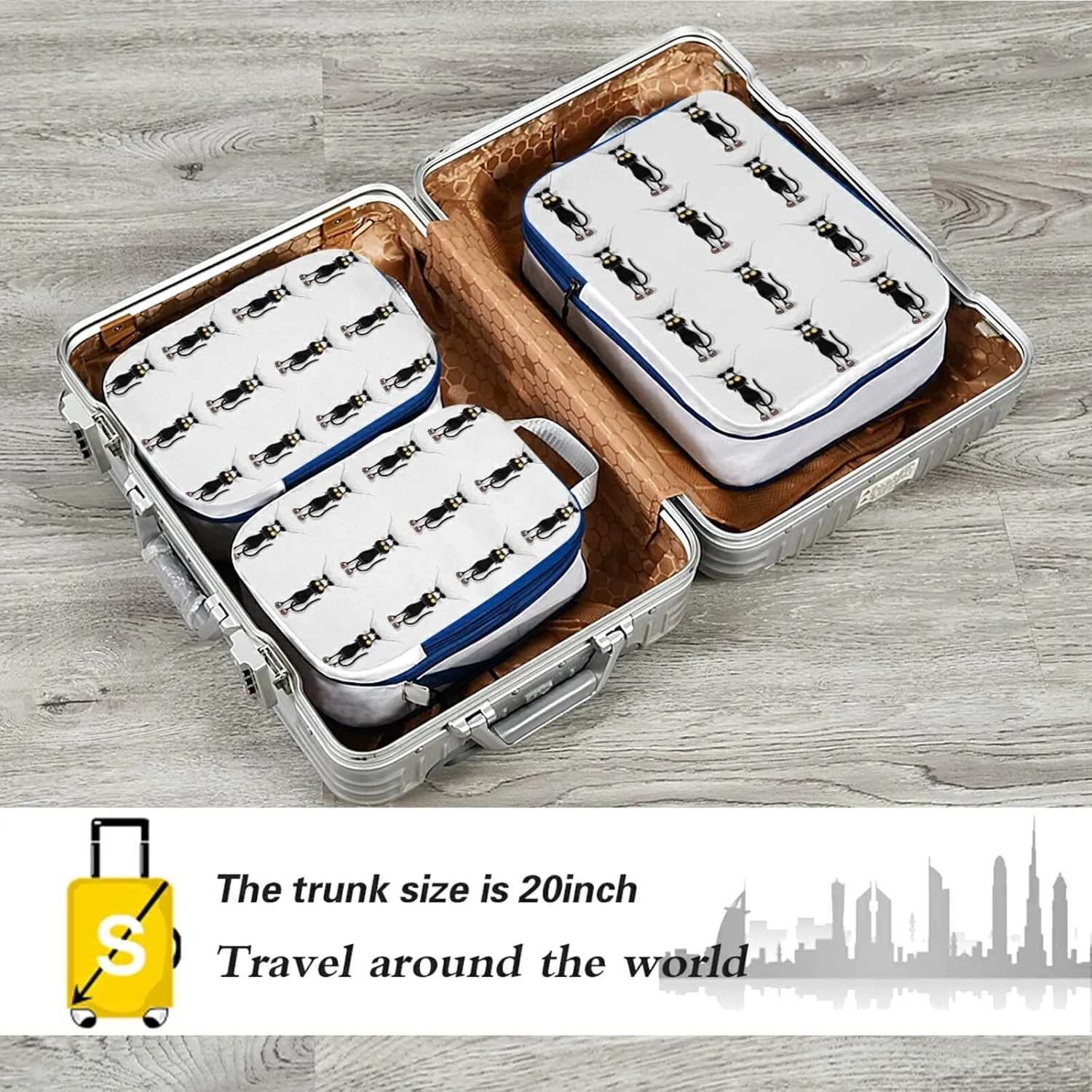 Funny Black Cat Cartoon Scratching Curtains on White 3 Piece set Cubes Expandable Adjustable Luggage Packing Bags, Ultralight Organizer Accessories Travel Suitcase Compressible Bags