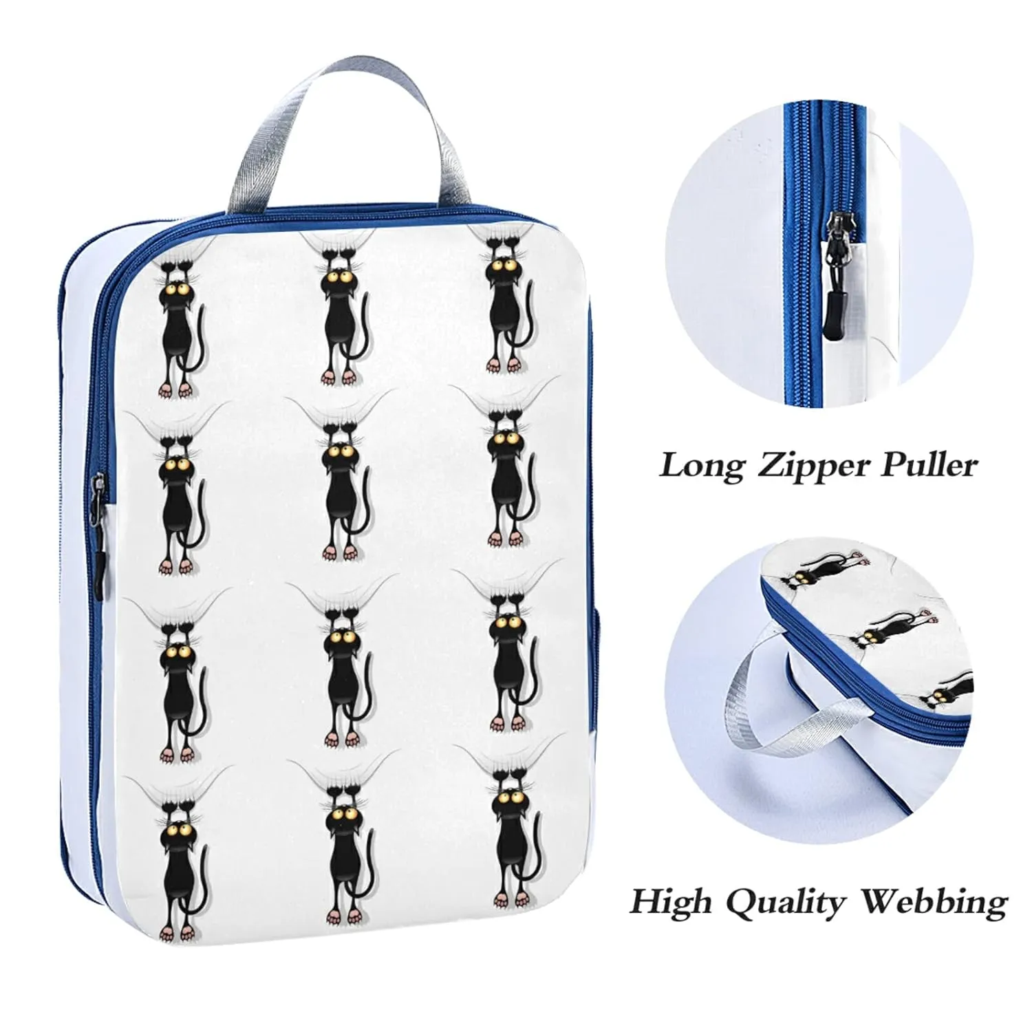 Funny Black Cat Cartoon Scratching Curtains on White 3 Piece set Cubes Expandable Adjustable Luggage Packing Bags, Ultralight Organizer Accessories Travel Suitcase Compressible Bags