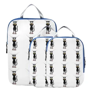 Funny Black Cat Cartoon Scratching Curtains on White 3 Piece set Cubes Expandable Adjustable Luggage Packing Bags, Ultralight Organizer Accessories Travel Suitcase Compressible Bags