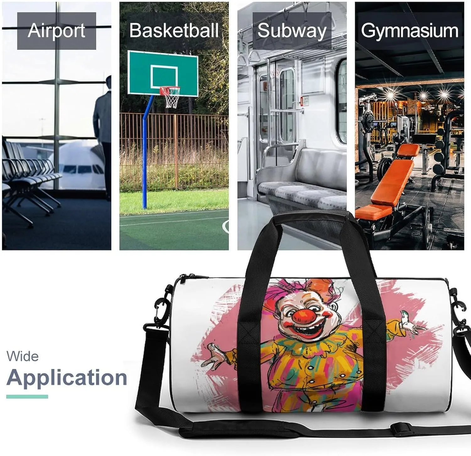 Funny Clown Character Gym Bag Small Travel Duffle Bag with Compartment Carry On Weekender Bag for Women Men