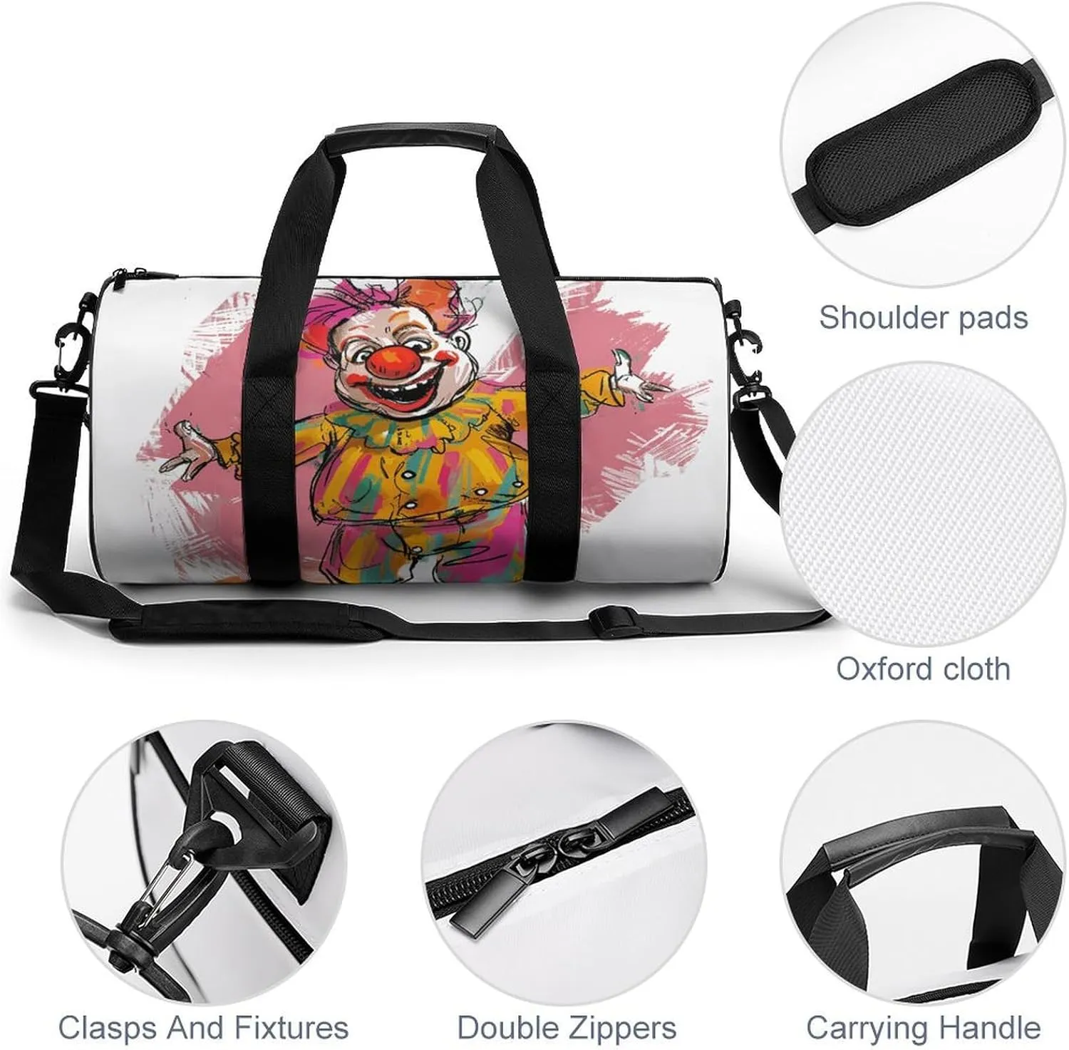 Funny Clown Character Gym Bag Small Travel Duffle Bag with Compartment Carry On Weekender Bag for Women Men