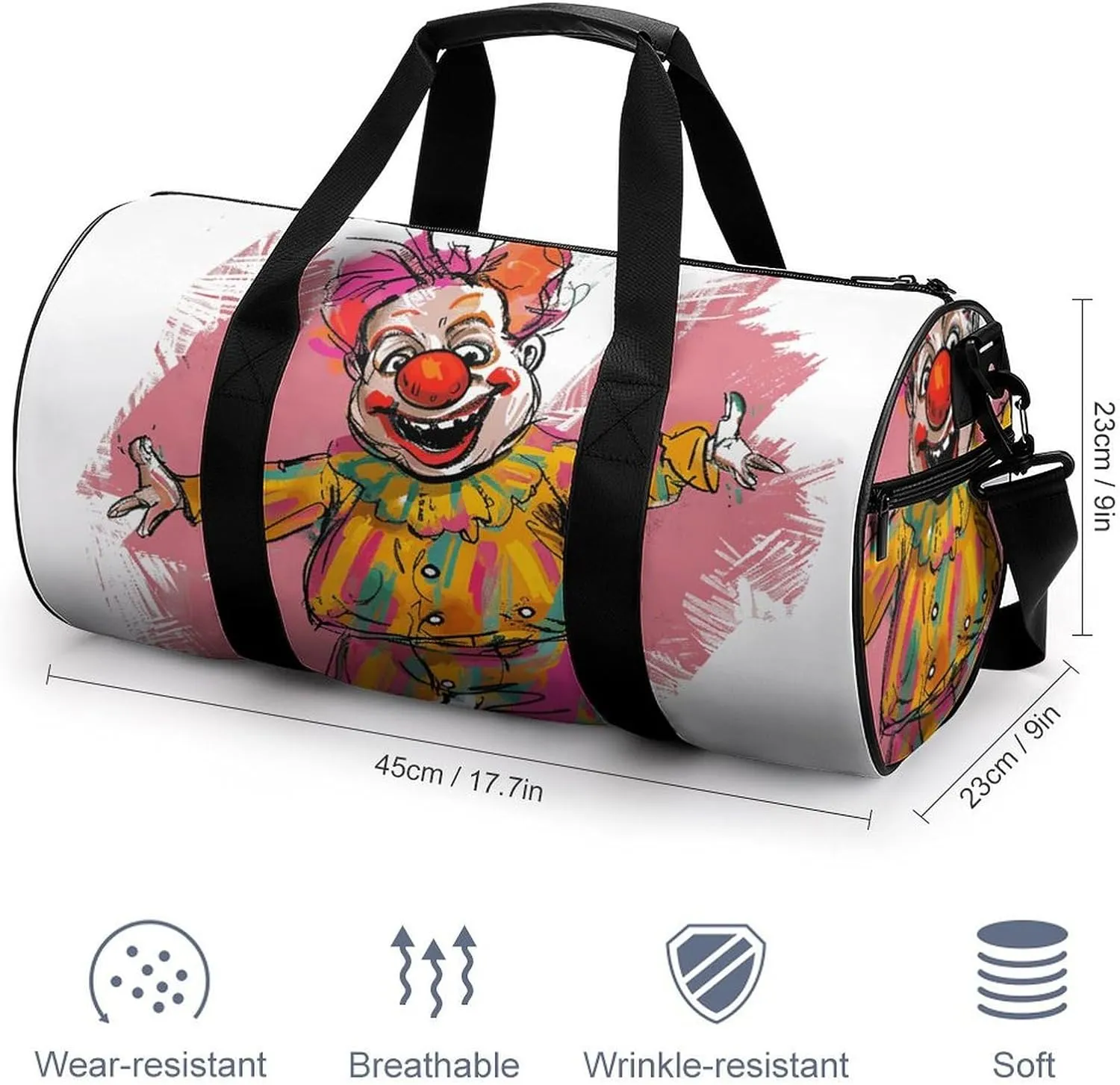 Funny Clown Character Gym Bag Small Travel Duffle Bag with Compartment Carry On Weekender Bag for Women Men