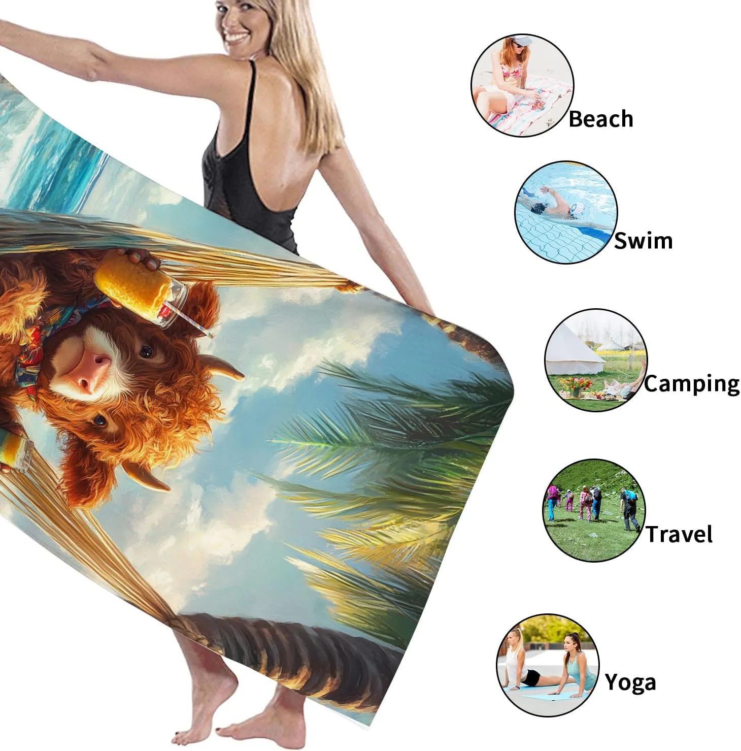 Funny Cow Microfiber Beach Towel Extra Large Cartoon Highland Cattle Summertime Colors, Quick Dry Absorbent Sand Free Lightweight Beach Blanket, Vacation Pool Picnic Essentials 62x31 Inch