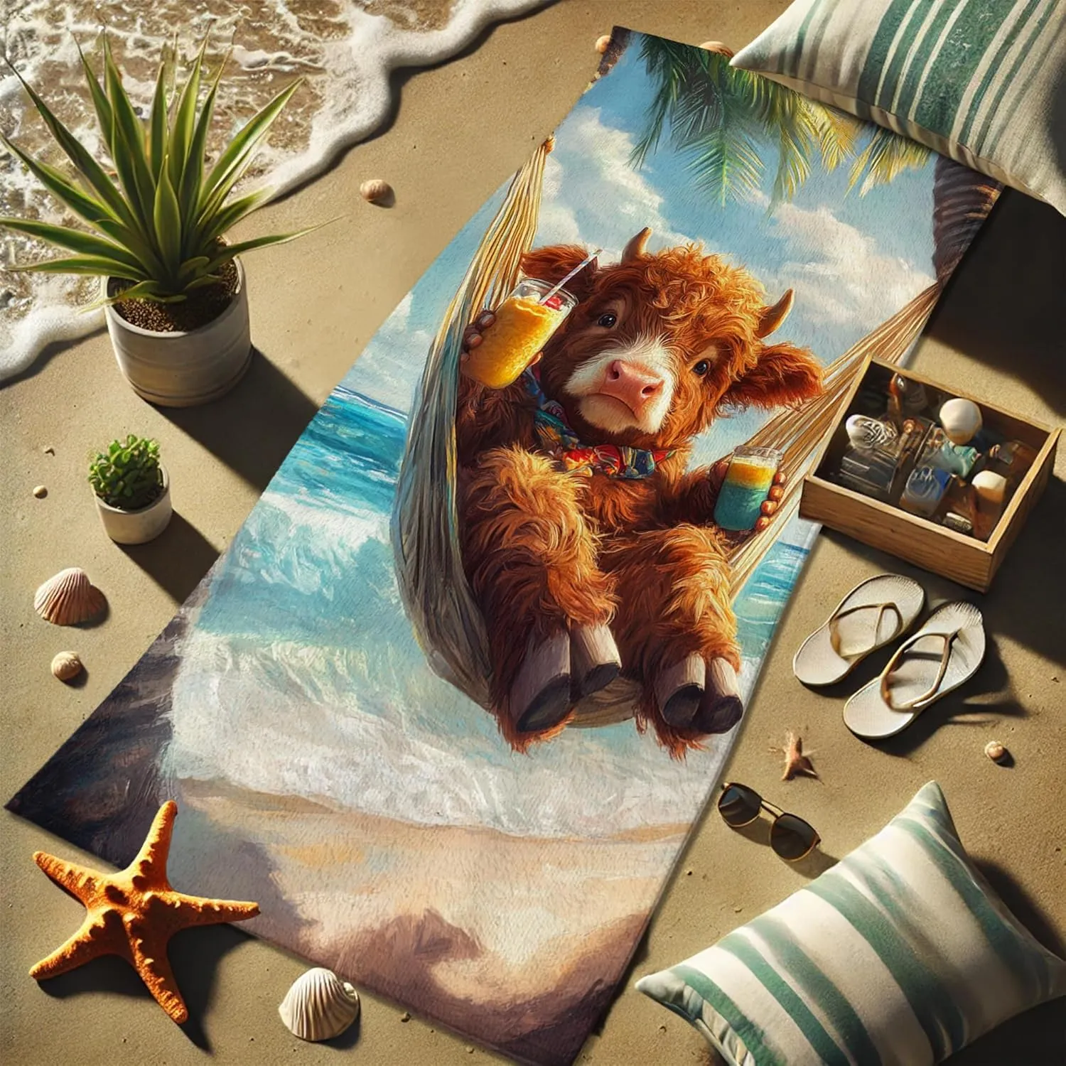 Funny Cow Microfiber Beach Towel Extra Large Cartoon Highland Cattle Summertime Colors, Quick Dry Absorbent Sand Free Lightweight Beach Blanket, Vacation Pool Picnic Essentials 62x31 Inch