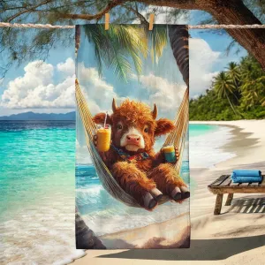 Funny Cow Microfiber Beach Towel Extra Large Cartoon Highland Cattle Summertime Colors, Quick Dry Absorbent Sand Free Lightweight Beach Blanket, Vacation Pool Picnic Essentials 62x31 Inch