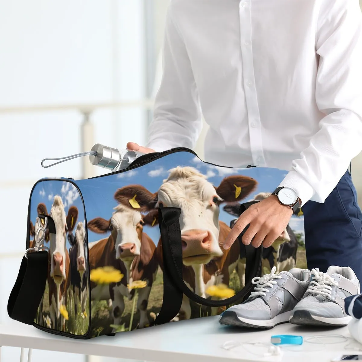 Funny Travel Duffle Bag, Sports Gym Bags for Women Men, Carry On Weekender Overnight Bag, Cow Workout Hospital Airplane Trips Bag