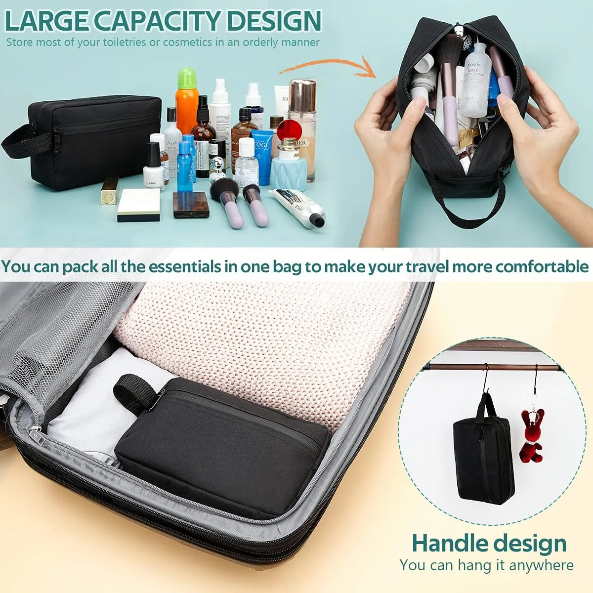 FUNSEED Travel Toiletry Bag for Women and Men, Water-resistant Shaving Bag for Toiletries Accessories, Foldable Storage Bags with Divider and Handle for Cosmetics Toiletries Brushes Tools