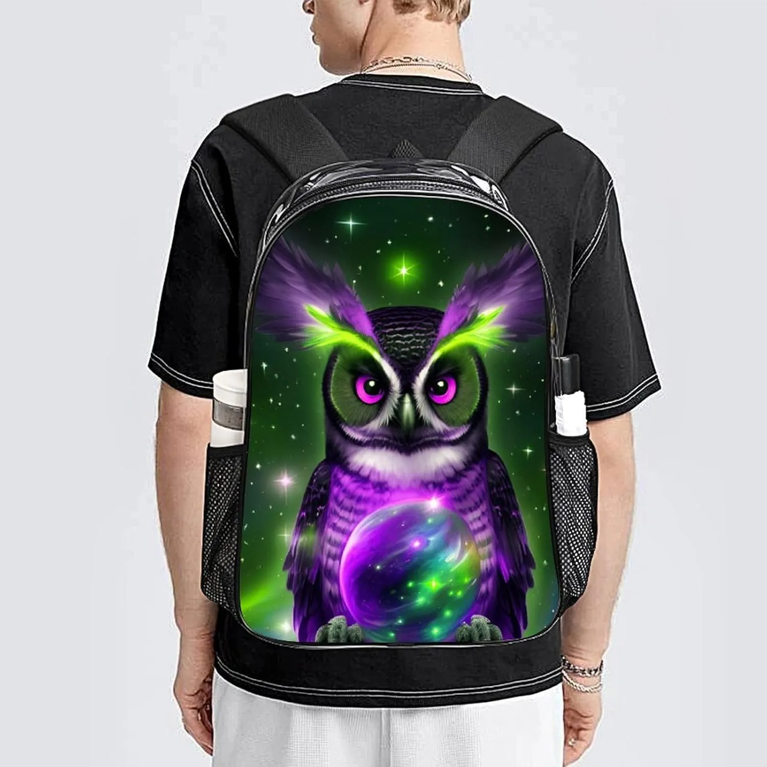 Galaxy Nighthawk Owl Art Daypack Backpack Transparent Anti-Theft Multipurpose Bookbag Big Capacity Travel Hiking & Camping Rucksack With Smooth Zippers