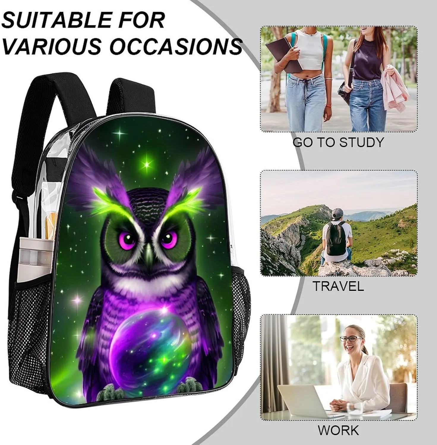 Galaxy Nighthawk Owl Art Daypack Backpack Transparent Anti-Theft Multipurpose Bookbag Big Capacity Travel Hiking & Camping Rucksack With Smooth Zippers