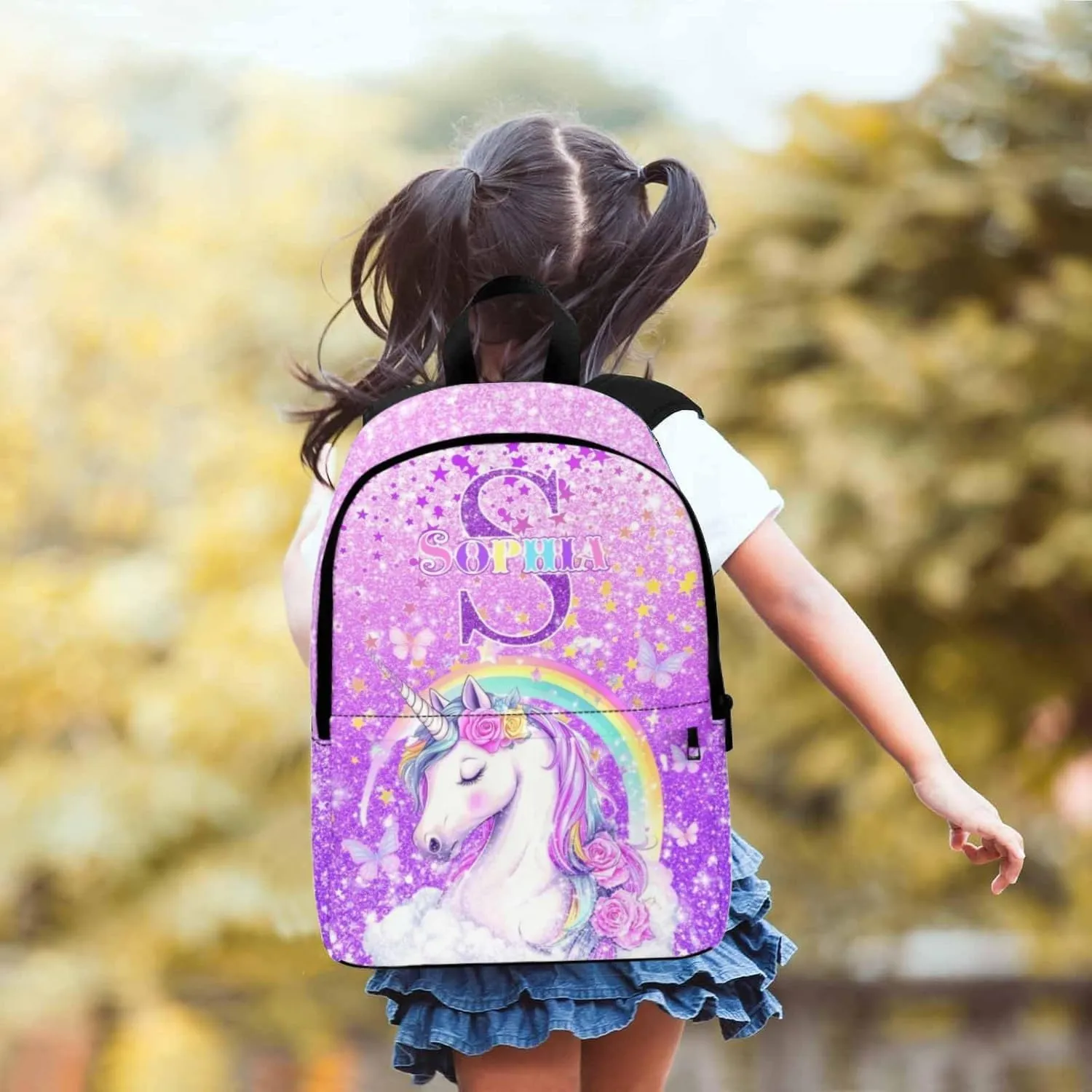 Generic Personalized Backpacks for Girls, Custom Unicorn Backpack with Lunch Box for School Kids, Customized Lunch Bag Bookbag with Name for Daughter Kindergarten Elementary Toddler, Medium