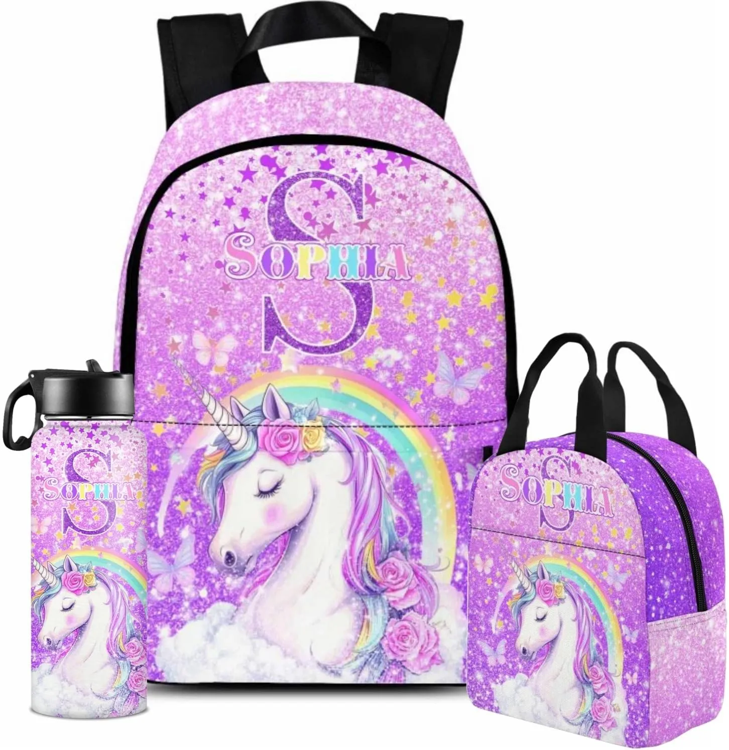 Generic Personalized Backpacks for Girls, Custom Unicorn Backpack with Lunch Box for School Kids, Customized Lunch Bag Bookbag with Name for Daughter Kindergarten Elementary Toddler, Medium