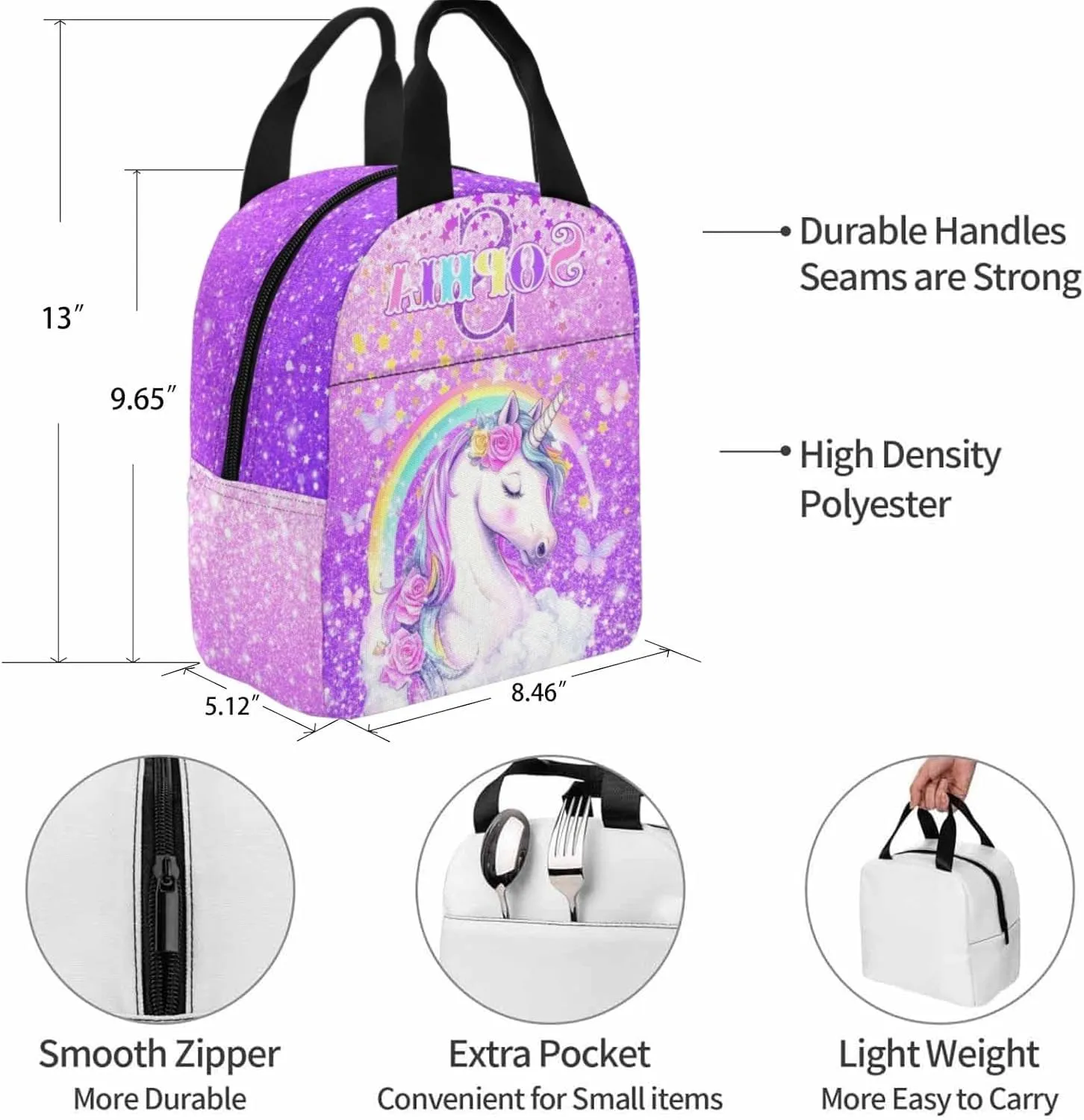 Generic Personalized Backpacks for Girls, Custom Unicorn Backpack with Lunch Box for School Kids, Customized Lunch Bag Bookbag with Name for Daughter Kindergarten Elementary Toddler, Medium