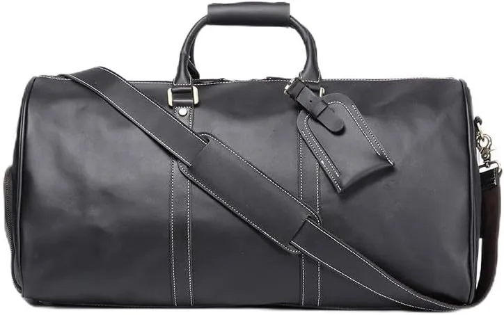 Genuine Leather Men Travel Bag Cowhide Luggage Bags Shoulder Bag Weekend Bag Overnight Gym Sports Carry On Duffel Bag (Black-22" with shoe compartment)
