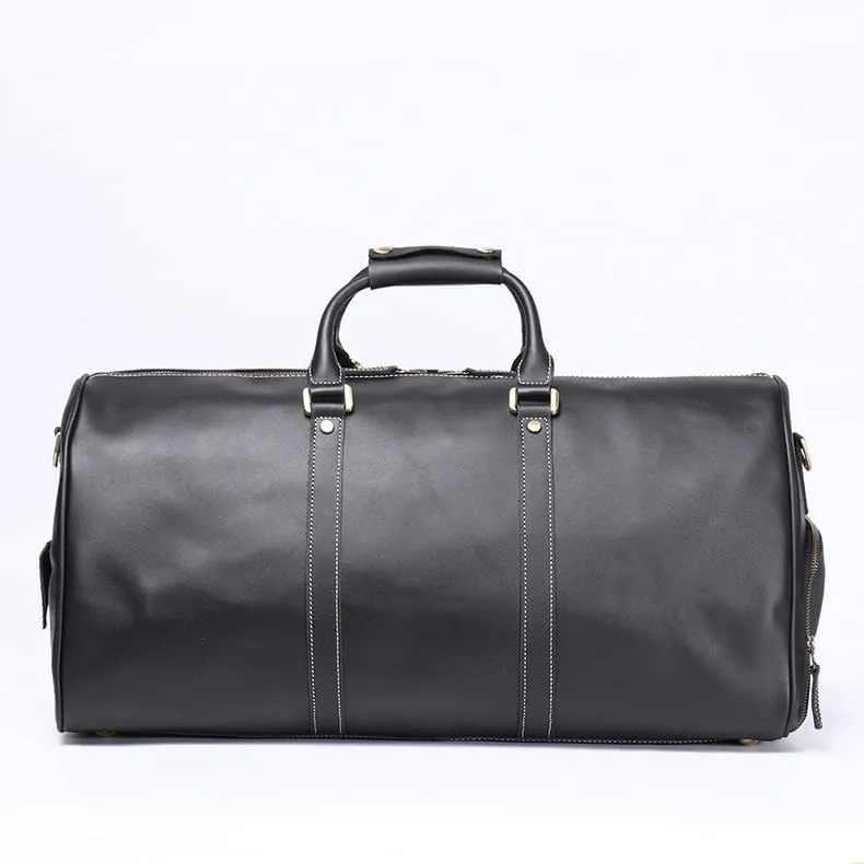 Genuine Leather Men Travel Bag Cowhide Luggage Bags Shoulder Bag Weekend Bag Overnight Gym Sports Carry On Duffel Bag (Black-22" with shoe compartment)