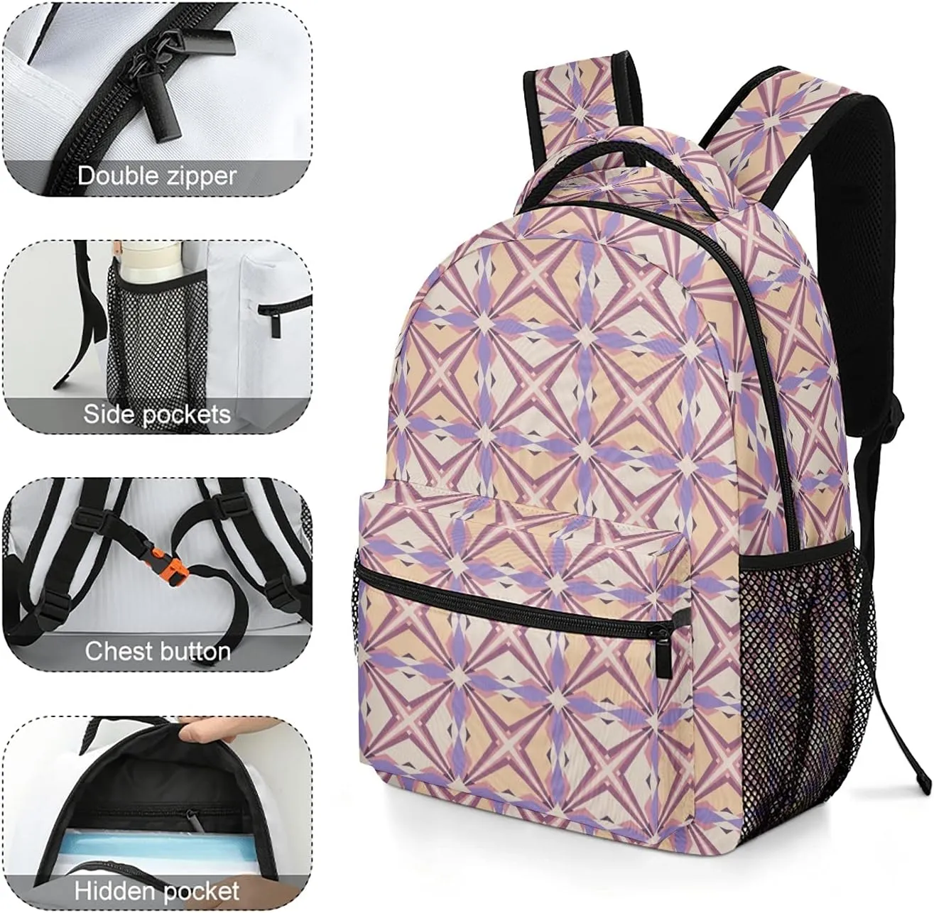 Geometric Polygon Seamless Pattern Kids Backpack, Student School Bags for Boys & Girls, Bookbags with Adjustable Strapfor Travel