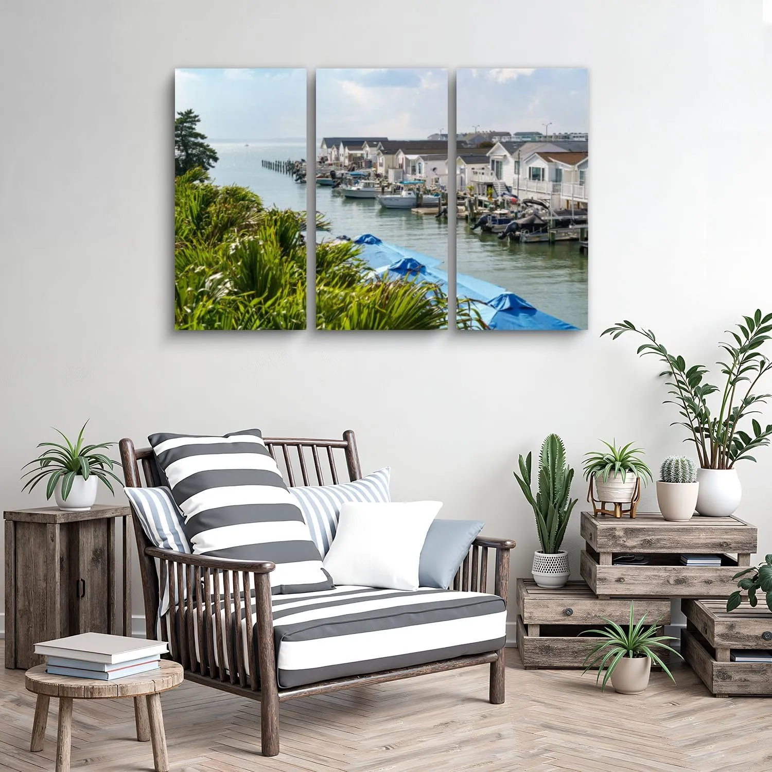 GerardoTee 3 Piece Canvas Wall Art Waterway Ocean City lined small houses boats Modern Print Paintings Artwork Picture Wall Decor for Living Room Home Office Decor