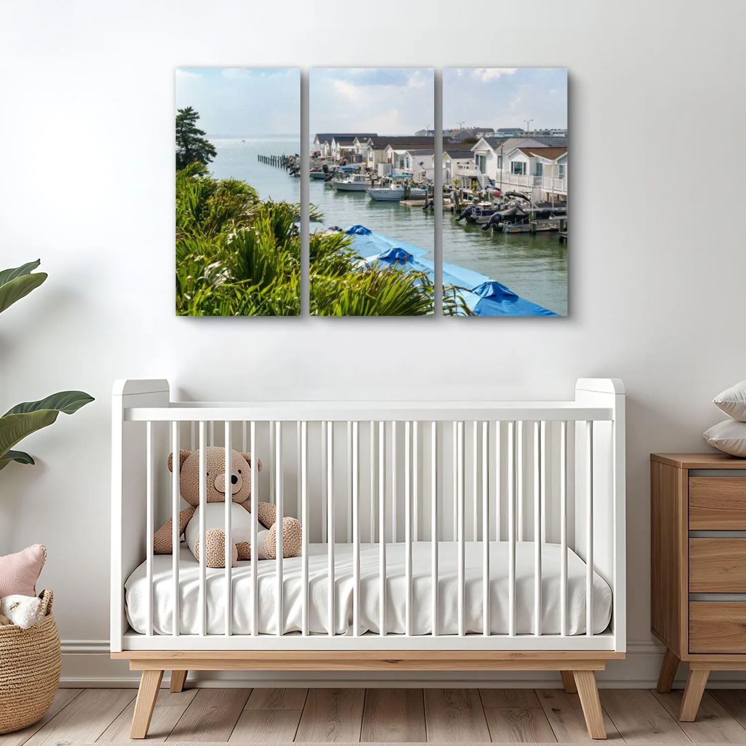 GerardoTee 3 Piece Canvas Wall Art Waterway Ocean City lined small houses boats Modern Print Paintings Artwork Picture Wall Decor for Living Room Home Office Decor