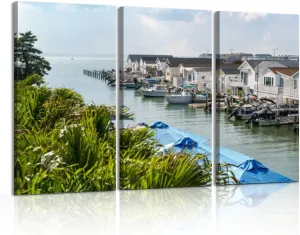 GerardoTee 3 Piece Canvas Wall Art Waterway Ocean City lined small houses boats Modern Print Paintings Artwork Picture Wall Decor for Living Room Home Office Decor