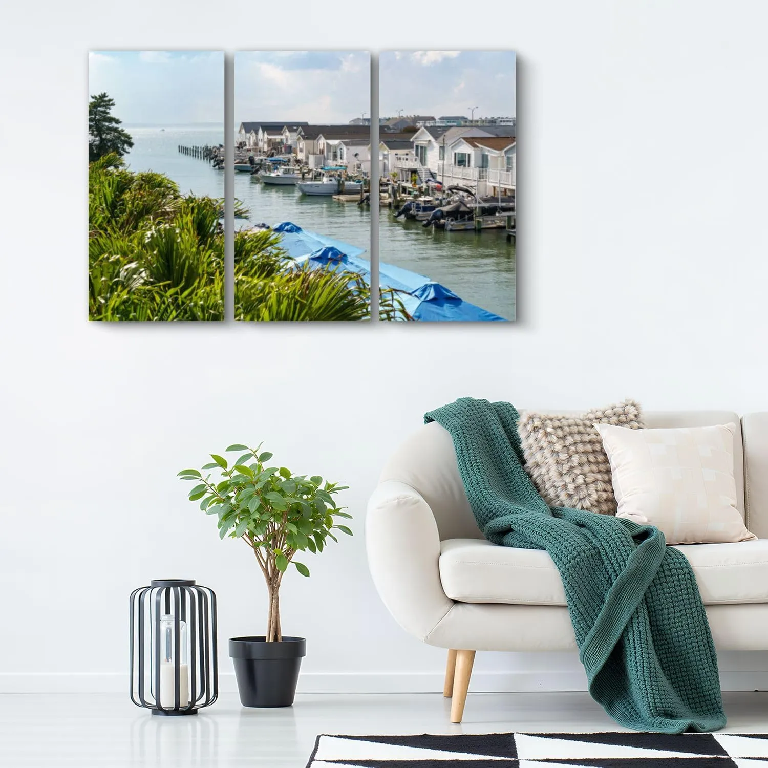 GerardoTee 3 Piece Canvas Wall Art Waterway Ocean City lined small houses boats Modern Print Paintings Artwork Picture Wall Decor for Living Room Home Office Decor