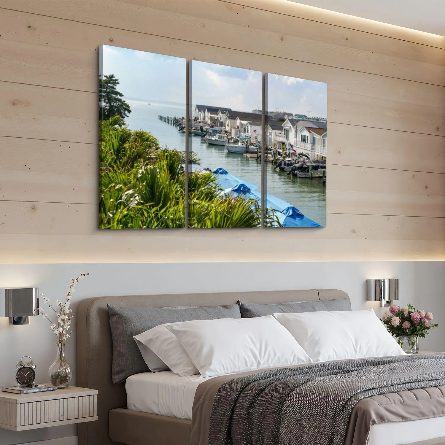 GerardoTee 3 Piece Canvas Wall Art Waterway Ocean City lined small houses boats Modern Print Paintings Artwork Picture Wall Decor for Living Room Home Office Decor