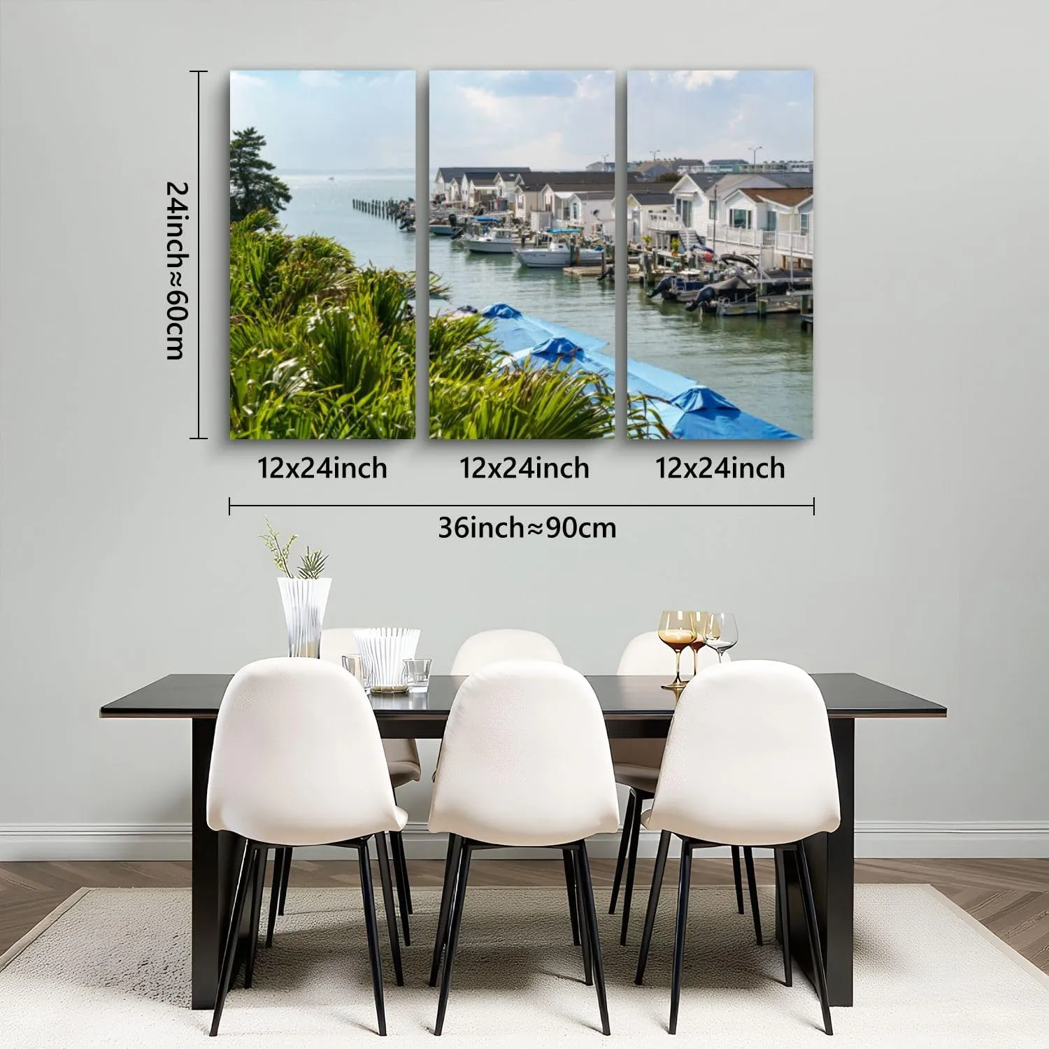 GerardoTee 3 Piece Canvas Wall Art Waterway Ocean City lined small houses boats Modern Print Paintings Artwork Picture Wall Decor for Living Room Home Office Decor