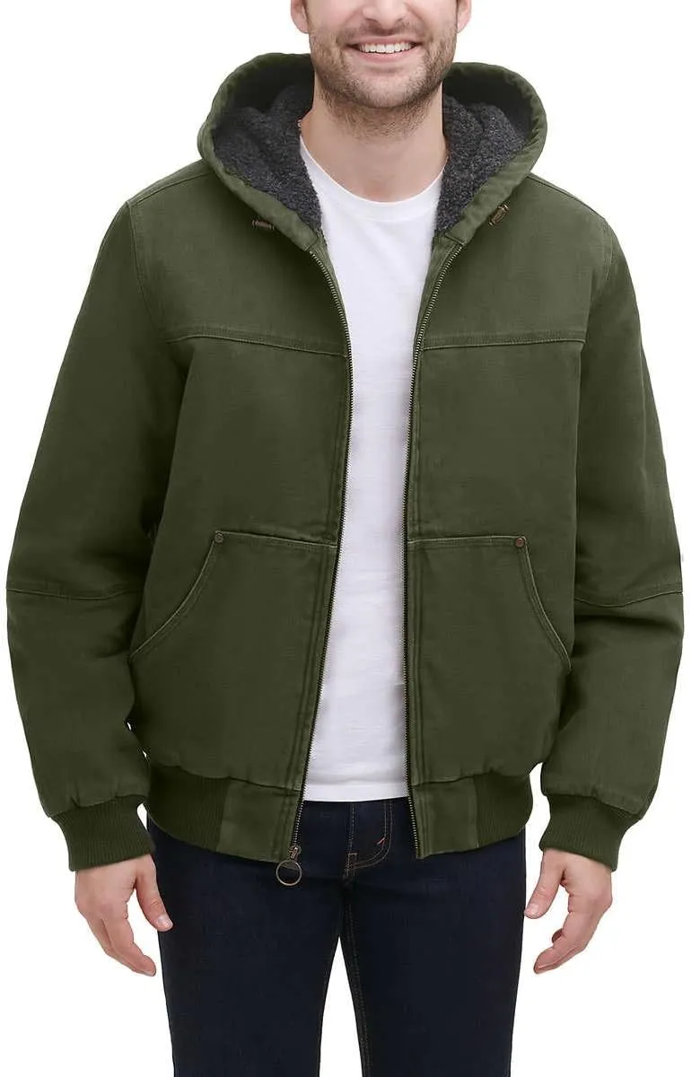 GH Bass Men's Cotton Canvas Bomber with Buffalo Plaid Flannel Sherpa Hood