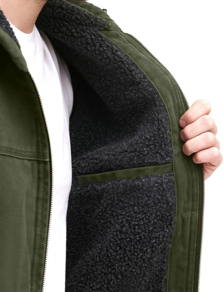 GH Bass Men's Cotton Canvas Bomber with Buffalo Plaid Flannel Sherpa Hood