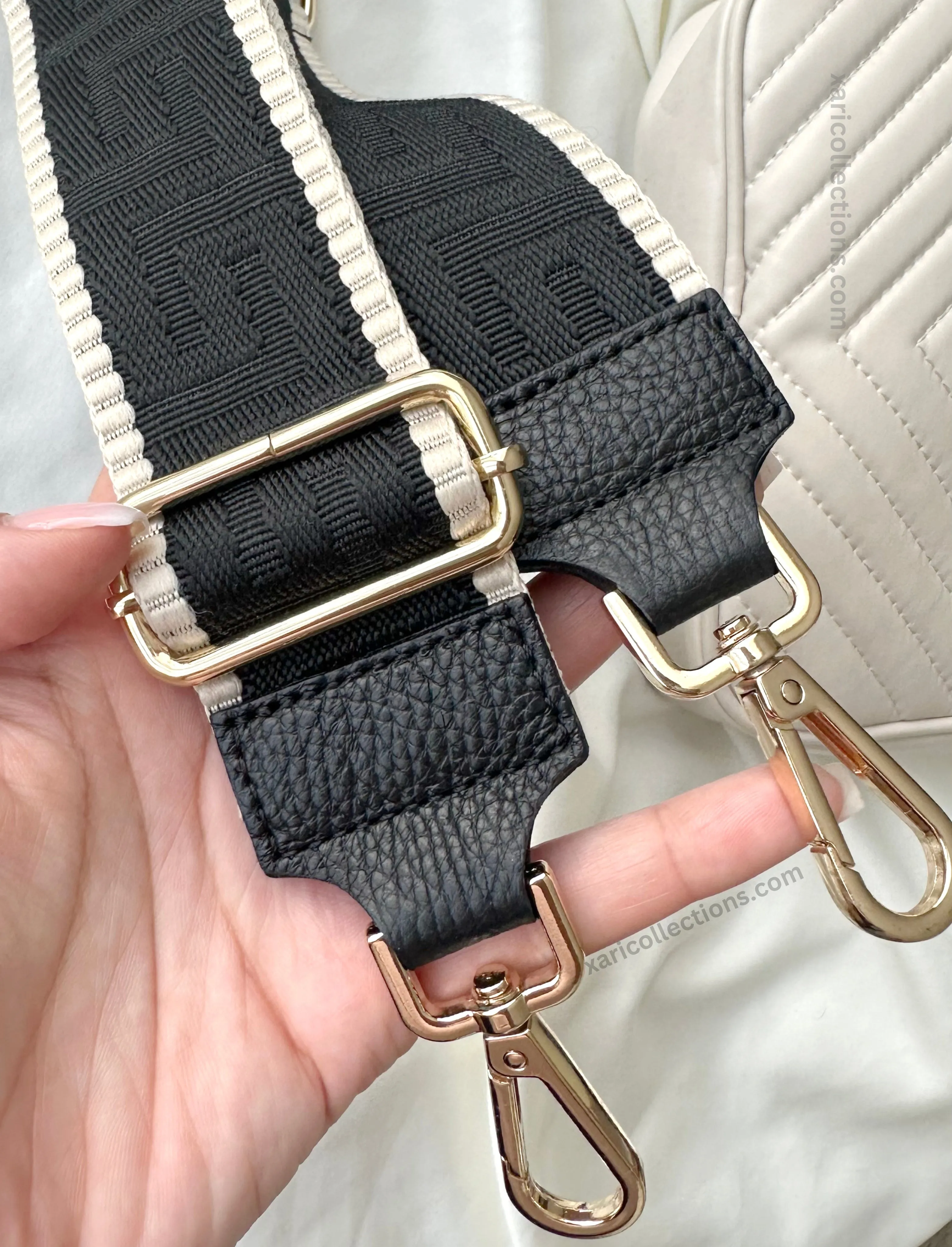 Giovanna Black/Beige  Bag Strap - Gold Hardware
