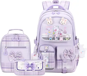 Girls Backpack 3pcs School Back pack with Lunch Box Teen Girl Backpack Set Cute Kids School Bag Bookbag for Teen Girls (Purple)