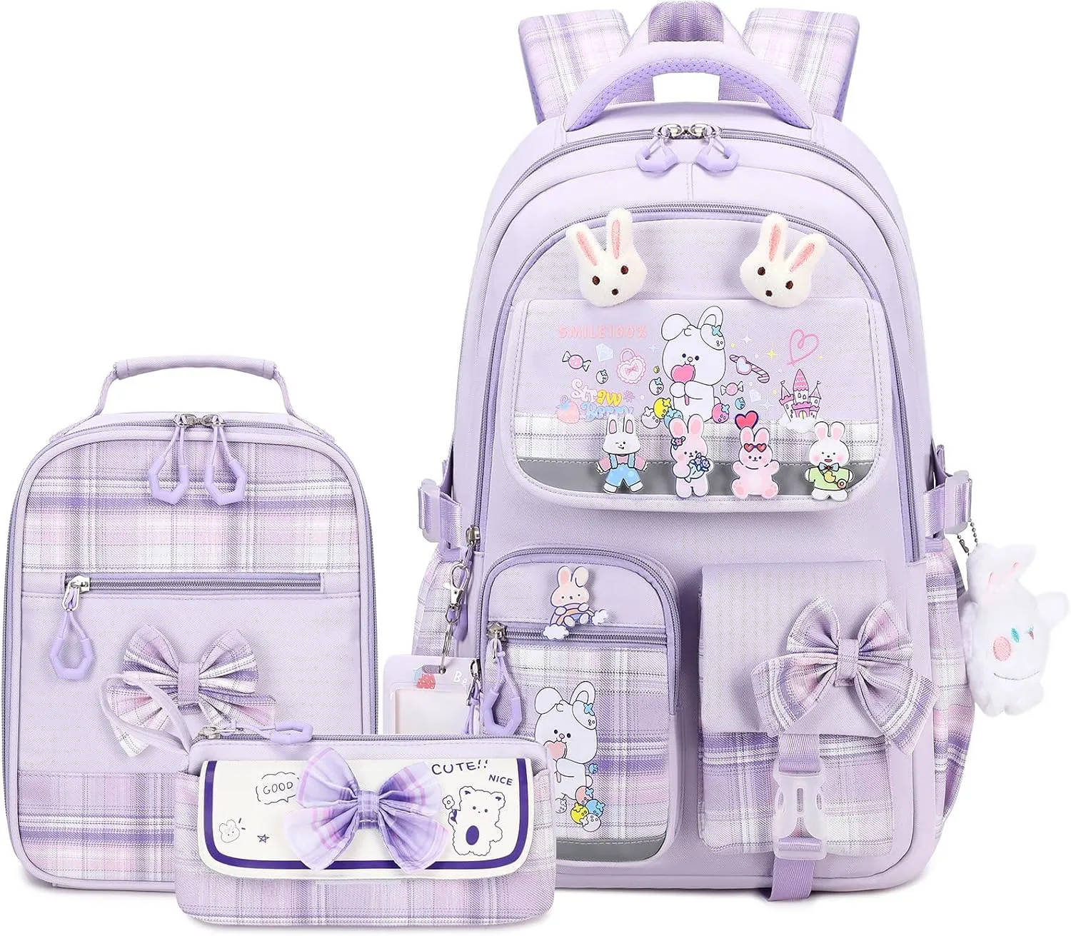 Girls Backpack 3pcs School Back pack with Lunch Box Teen Girl Backpack Set Cute Kids School Bag Bookbag for Teen Girls (Purple)