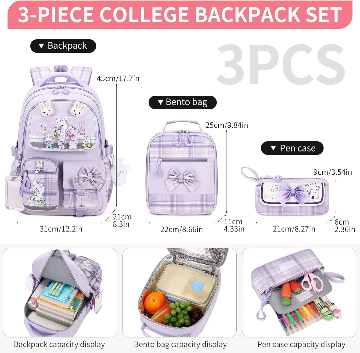 Girls Backpack 3pcs School Back pack with Lunch Box Teen Girl Backpack Set Cute Kids School Bag Bookbag for Teen Girls (Purple)
