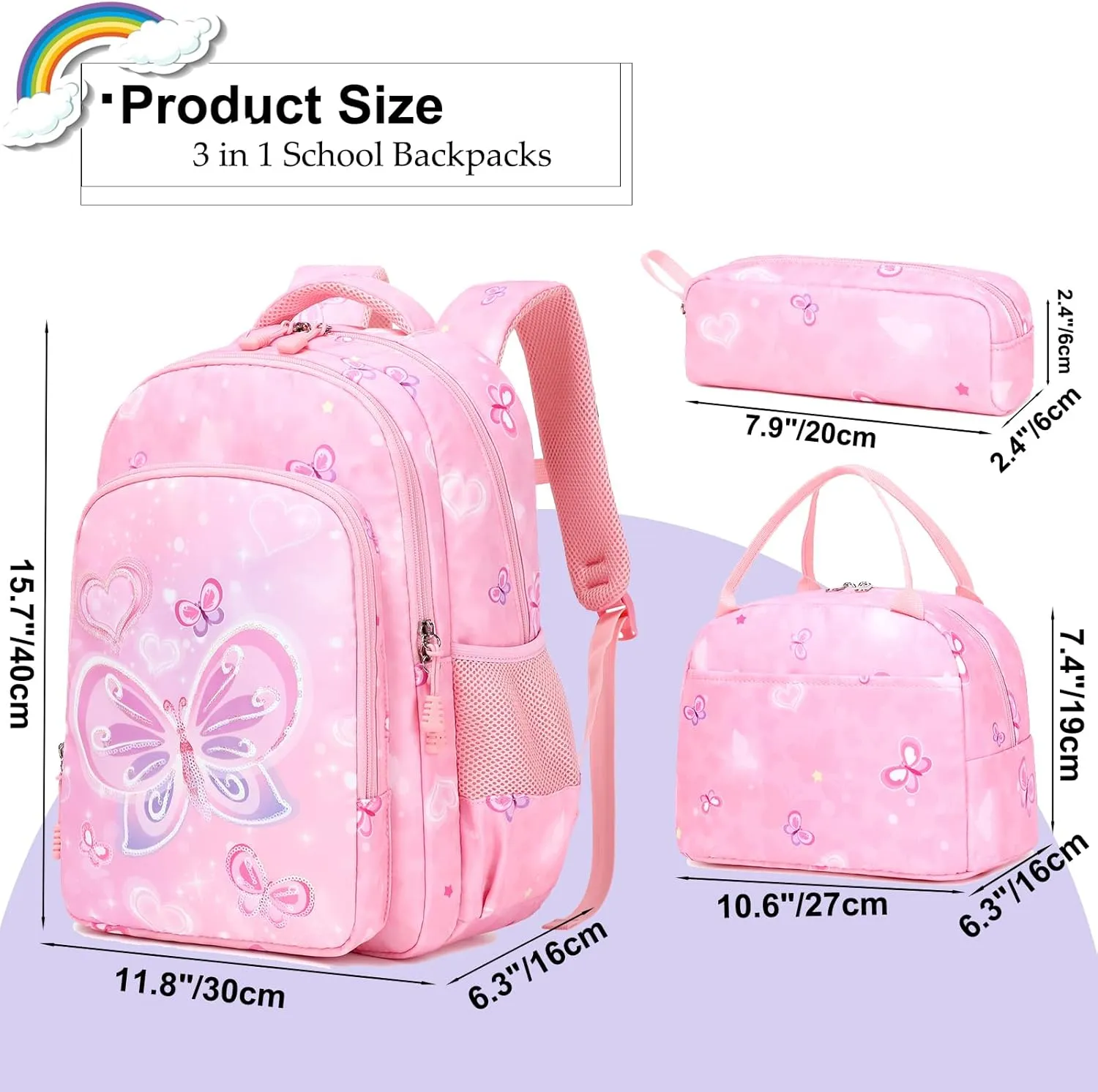 Girls Backpack for Elementary Unicorn Backpack Kids Backpack School Bookbag for Girls 3 in 1 Set Back to School