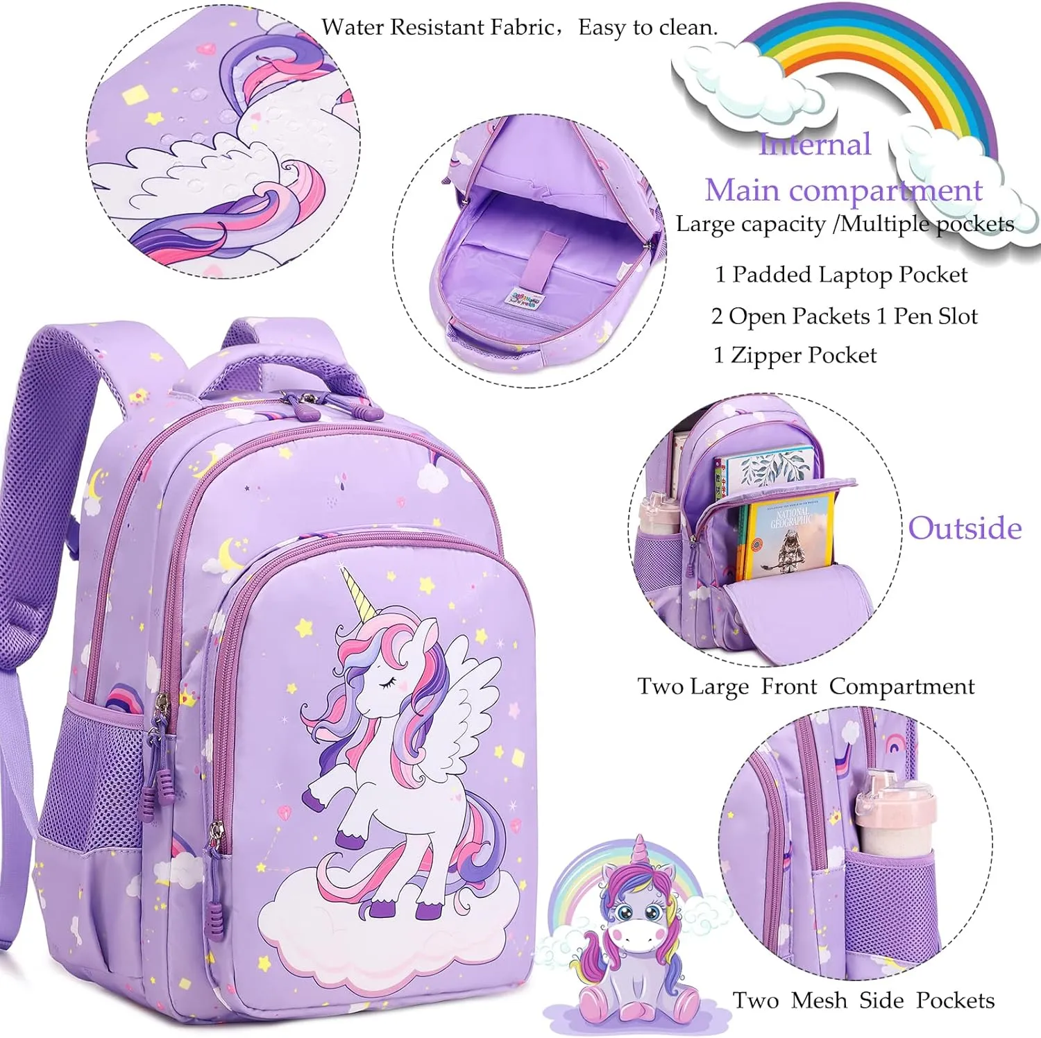 Girls Backpack for Elementary Unicorn Backpack Kids Backpack School Bookbag for Girls 3 in 1 Set Back to School